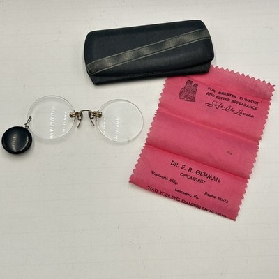1920s Gold Rimless Pince Nez C Bridge Glasses Dr. E.R. Gehman PA Woolworth