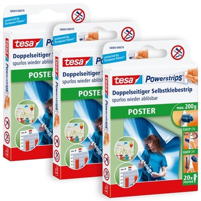 tesa Powerstrips POSTER (3 x 20 Stck.) Kebestrips - selbstklebend - bis 200 g