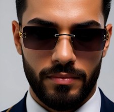 Vintage Men's Black Tint Rectangle Luxury Gold Frame Fashion Rimless Sunglasses