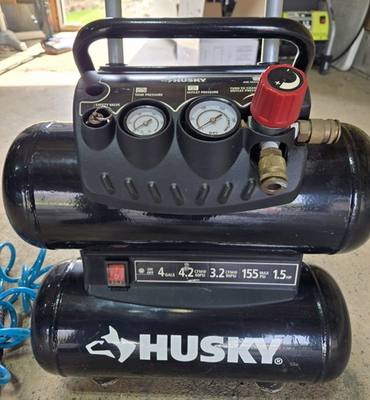 #ad Husky Air Compressor 4 Gallons with Air Hose and A Few Attachments Included $119.00