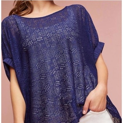 Anthropologie Akemi + Kin Mesh Navy Blue Crochet Top Elastic Sleeve XS/S $68 New