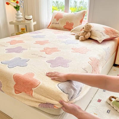 1pc Flannel Bedsheet Winter Fitted Sheet Warm Bed Cover Simple Style Bed Linen