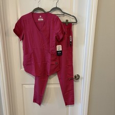 Adar Pro Scrub Set Elevated V-Neck Top  Jogger Scrub Pants Fruit Punch - Sz S