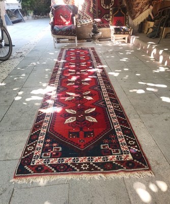Vintage Traditionell Handgefertigt Orientalisch Rot Blau Wolle Schmal Läufer 300x80cm