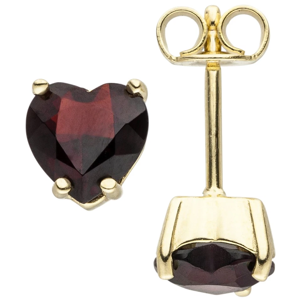 Ohrstecker Herz Herzen 333 Gold Gelbgold 2 Granate rot Ohrringe Granatohrstecker - Bild 1 von 1
