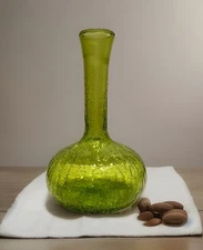 Rainbow Glass Green Crackle Glass Decanter Vase Mid Century Modern 1960s Art