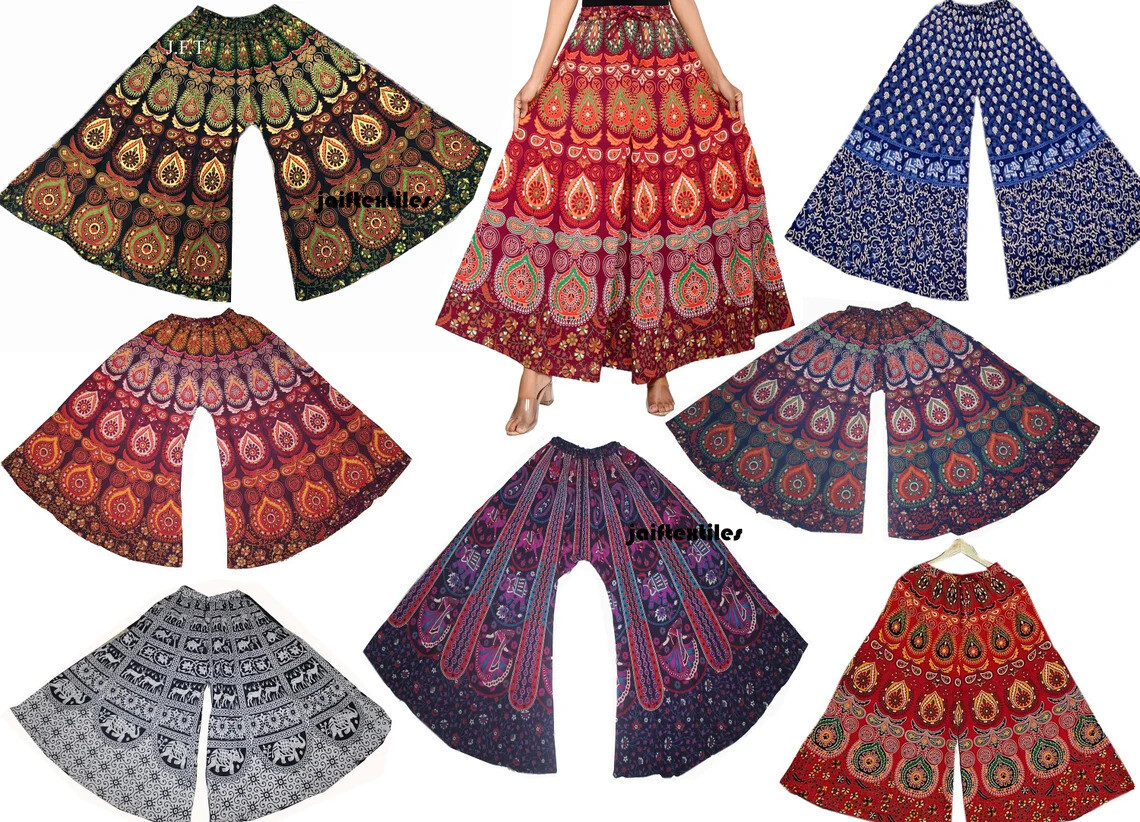 Pantalones Palazzo boho para mujer estampados con mandala de algodón indio de...