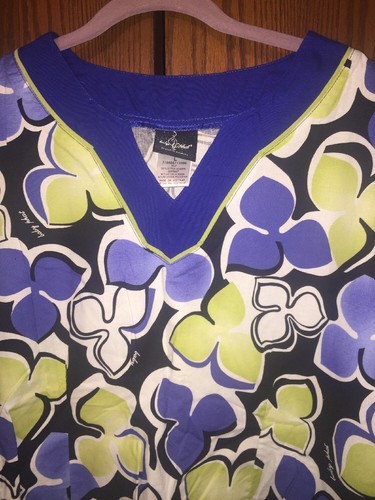 Baby Phat Scrub Top Green & Blue Floral Large - Picture 3 of 5