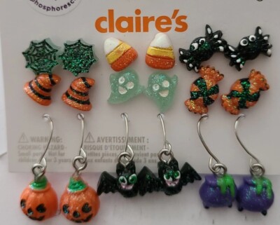 9 PAIRS CLAIRE'S SILVER SPIDER BAT CANDY GHOST PUMPKIN WITCH HAT STUD EARRINGS 