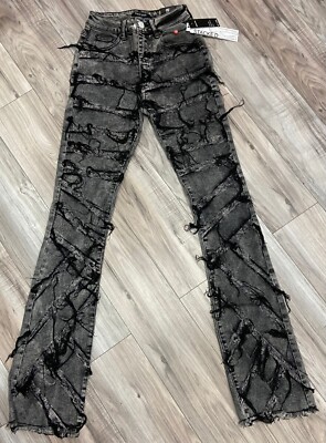 RED FOX WOMEN'S STACKED FRAYED DENIM JEANS PANTS PA4454 (ACID BLACK)