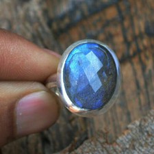 Natural Faceted Blue Fire Labradorite Gemstone,925 Sterling Silver Ring,All Size