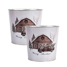2Pc Merry Christmas Scene Metal Tin Pail 20cm Plant Pot Festive Decor Planter