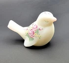 Fenton Satin Glass Songbird Hand Painted Red Flowers Signed By Artist