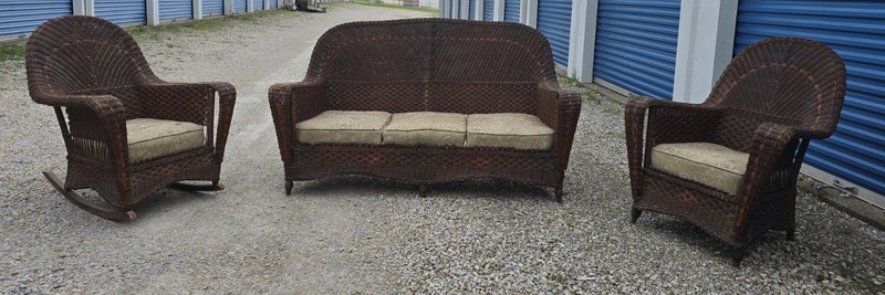  Wicker 3 Pc Parlor Set- Sofa, Chair and Rocker.  Est. 1920s