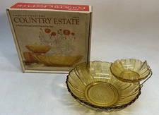 Anchor Hocking Honey Gold Chip and Dip Set with Brass Holder 11" Bowl Box USA