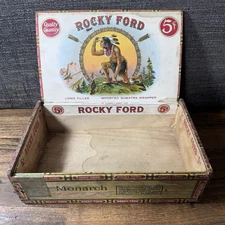 ANTIQUE ROCKY FORD WOOD CIGAR BOX NATIVE AMERICAN Monarch P. Lorillard Co.