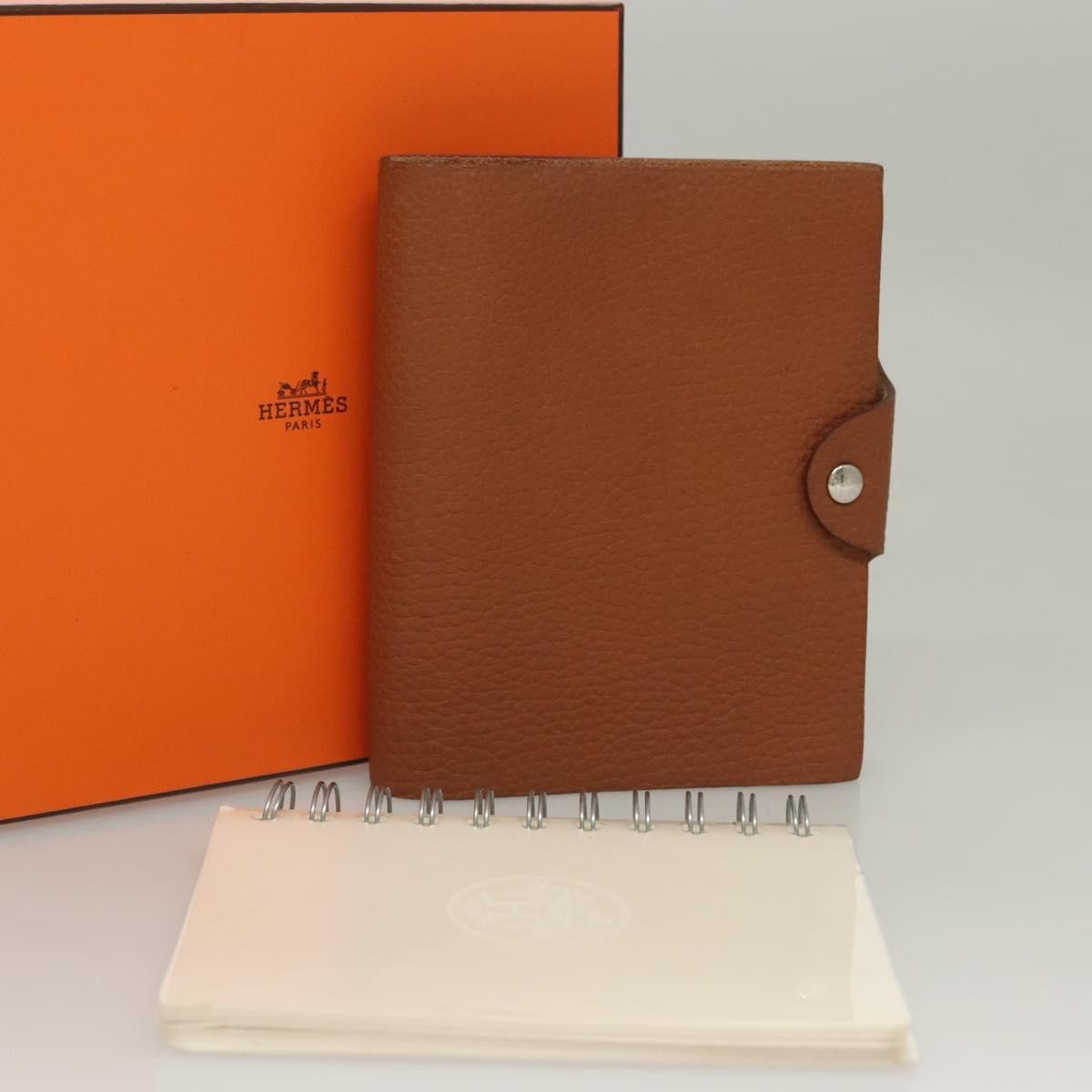 HERMES Yuris PM Day Planner Cover Leather Brown Silver Auth 133499