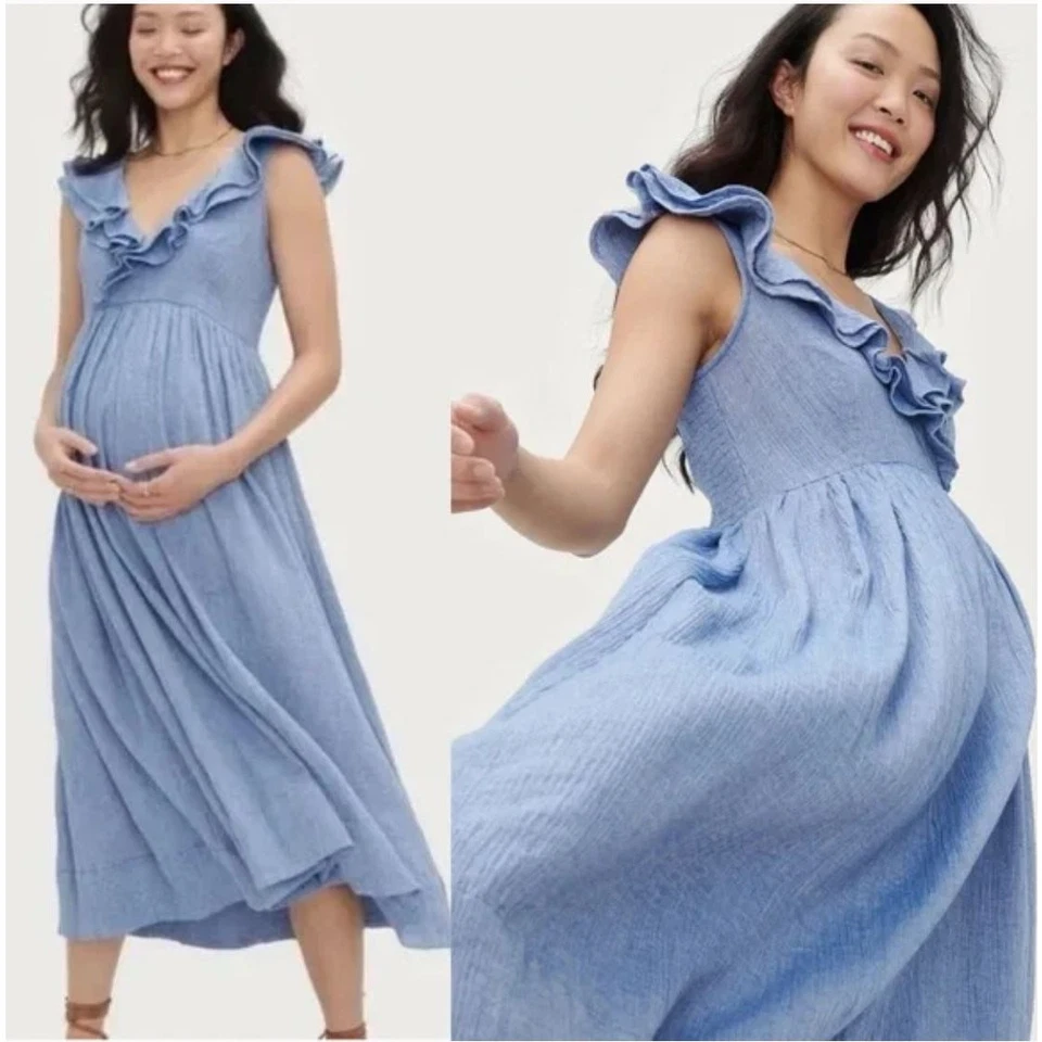 Hatch The Sarah Midi Dress Size 0 XS Maternity Blue Ruffle Gauzy Cotton Cottage - Image 2 of 4