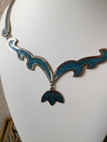 Sterling Silver 925 Mexican Turquoise Necklace Floral Ornate Collar Choker - Picture 2 of 6