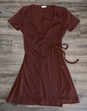 Madewell Burgundy Rust Ribbed Sweater Knit Wrap Dress Short Knee Stretch Small
