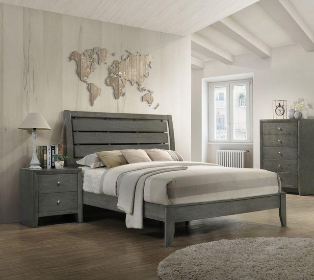 Solid Wood Grey Finish King Size Bedroom Set 3pcs Crown Mark B4720 Evan