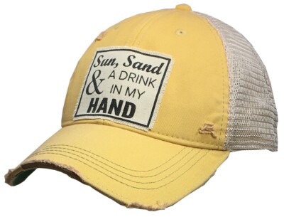 ''Sun, Sand & Drink In My Hand'' Distressed Trucker Hat Yellow Unisex Snapback NEW