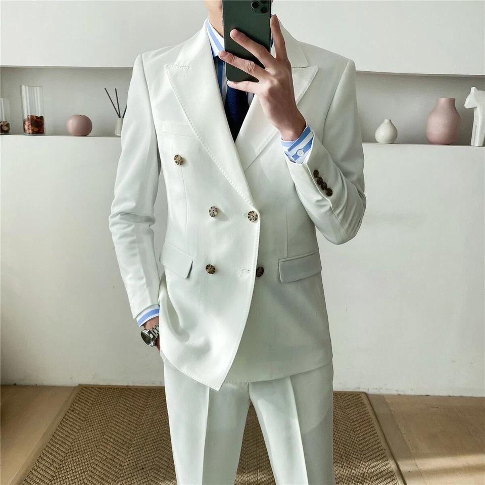 Traje de hombre de doble pecho formal de negocios calce ajustado boda novio esmoquin a medida Foto 2 de 4