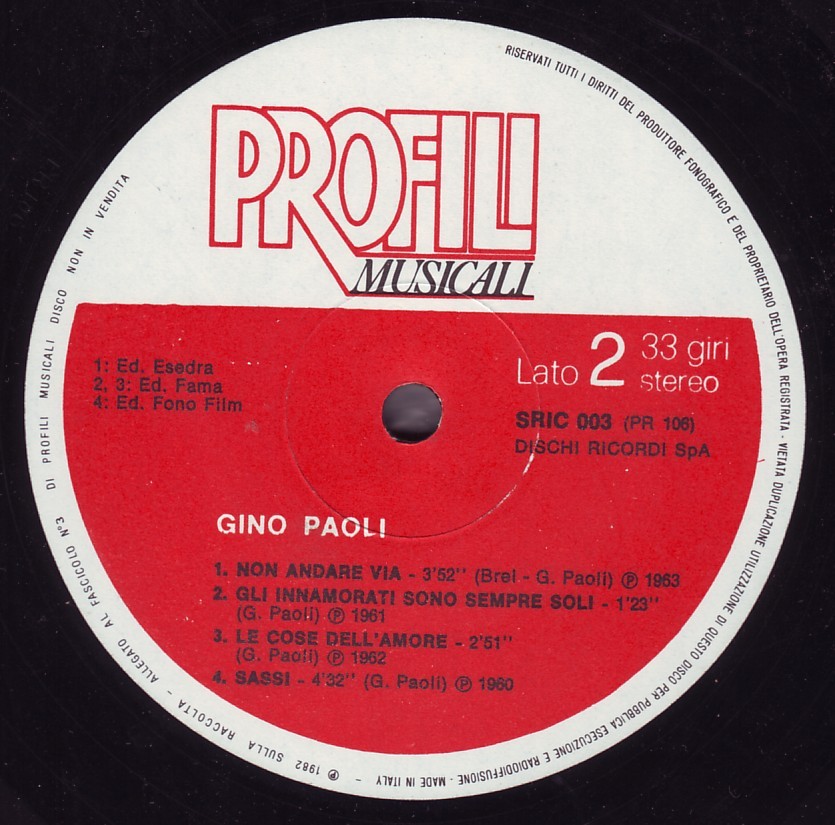 GINO PAOLI Profili Musicali (1982) LP VINYL ALBUM Ricordi ‎ SRIC 003