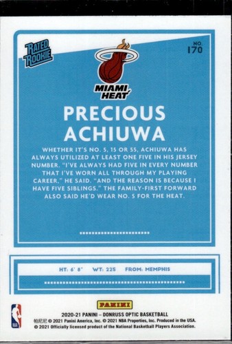 2020 Donruss Optic Precious Achiuwa Rookie #170 Heat - Picture 2 of 2