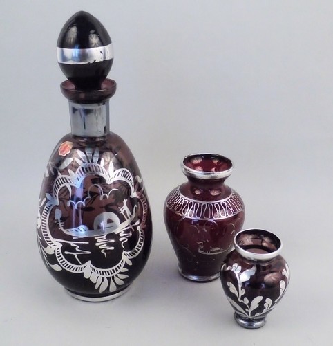 Jarra de cristal de Murano Italy y 2 jarrones con pintura superpuesta de plata 925 Mid Century - Imagen 3 de 9