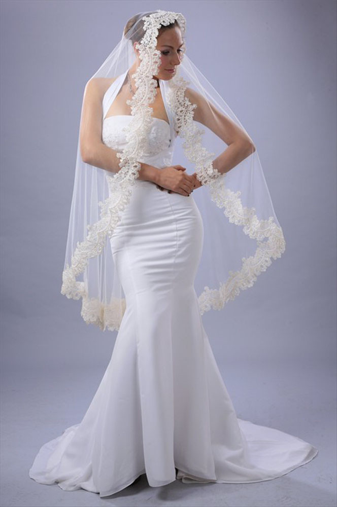 Bridal Wedding Mantilla Veil Ivory 1 Tier Long Knee Length  display picture 1