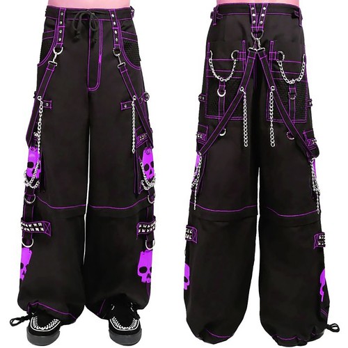 Puritues Gothic Men Purple Skull Cybr Chain Jean Punk Cotton Rock Steampunk Pant - Picture 4 of 5