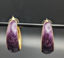 Purple Enamel Gold Tone Half Hoop Earrings