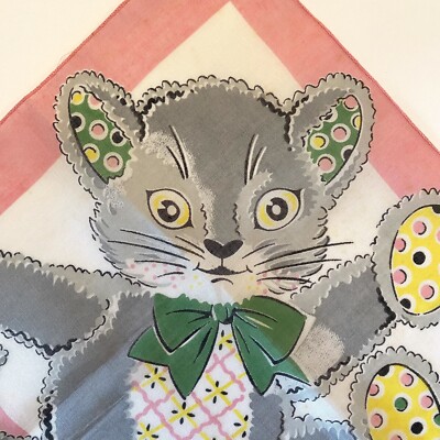 Vintage KITTY CAT Handkerchief Cloth Napkin 1940's 1950's MCM Hankie ...