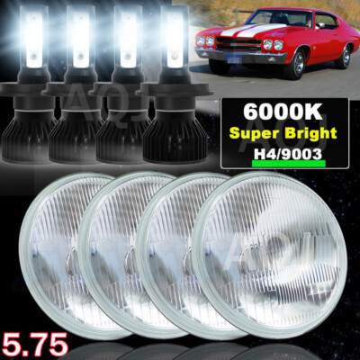 5-3/4'' Diamond Crystal Clear Glass Headlight 6k LED H4 Light Bulb Headlamp Set