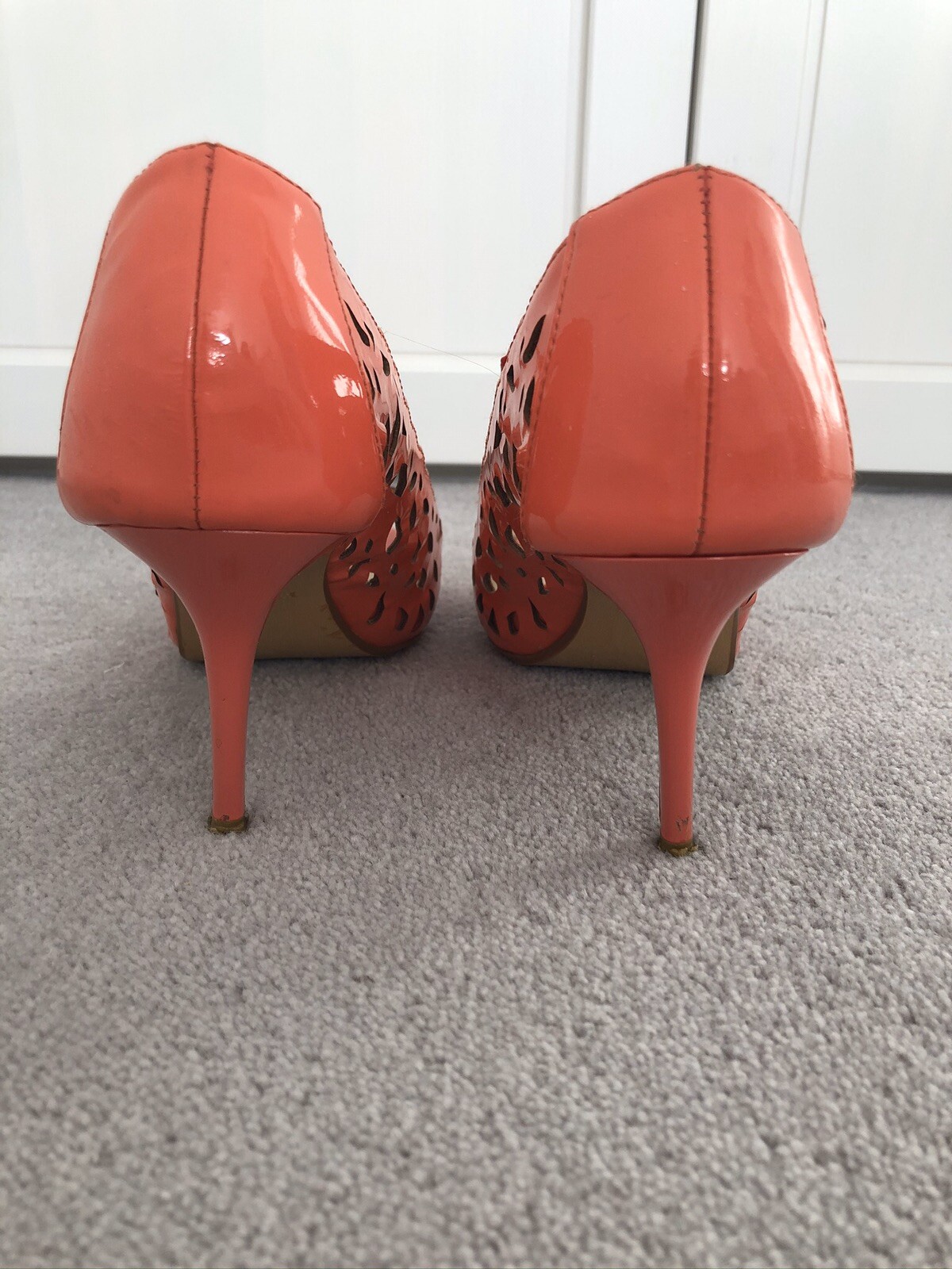 Dune Laser Cut Peep Toe Court Shoe Coral Patent Leather UK 5 EU 38 eBay
