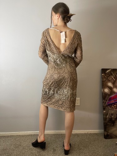Sue Wong Taupe V-Neck Beaded Cocktail Dress 12 - Picture 9 of 17