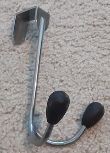 Over the Door Hook Hanger - Dual Hooks - Silver Color with Black rubber tips