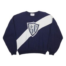 UNIVERSITY PLACE Womens Navy Blue White Shield Crew Neck L Cotton Blend