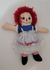 Raggedy Ann Cloth Doll Red Yarn Hair Blue Dress Eyelet Apron Plush Toy