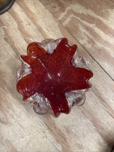 Vtg Murano Ruby Red Encased Silver Art Glass Bowl Small Ashtray Metallic Ruffle