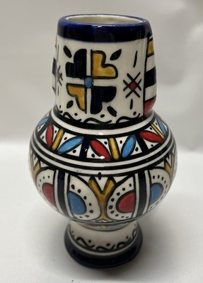 Moroccan Hand Painted  Ceramic Signed FES Vase Geometric Pattern Vintage
