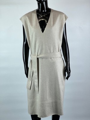 Yves Saint Laurent Wollkleid Edition 24 Beige Ärmellos Gürtel Größe IT42