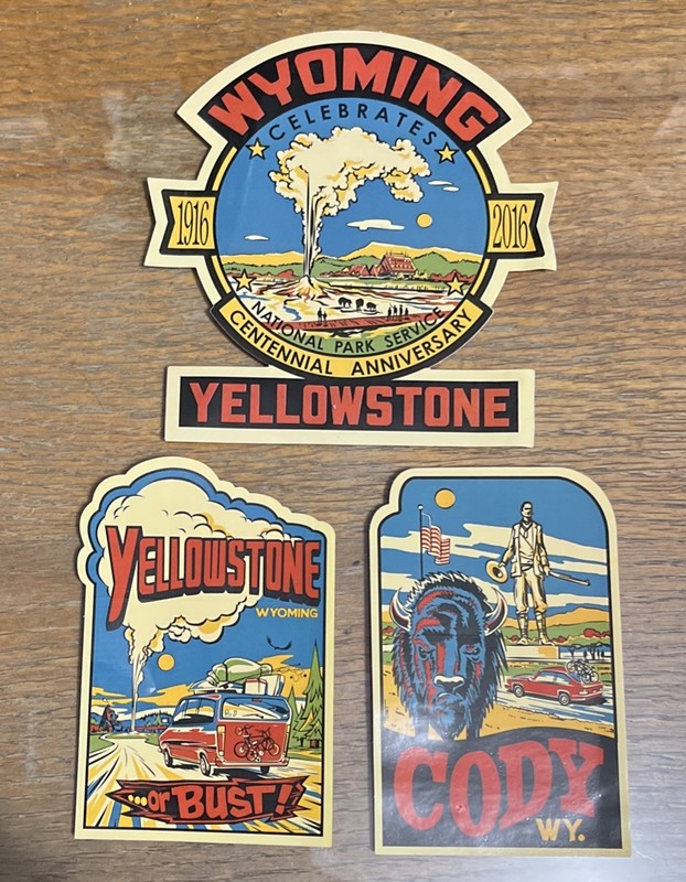 VINTAGE LOOK TRAVEL STICKER WYOMING YELLOWSTONE CODY SET OF 3 Sinclair Oil