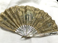 GORGEOUS ANTIQUE HAND PAINTED MOTHER OF PEARL FULL EMBROIDERED W/SEQUINS FAN