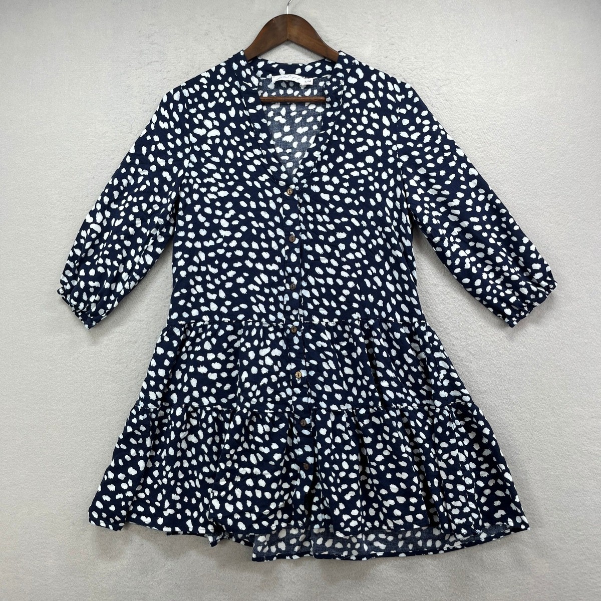 Petal Pup Tiered Mini Dress Women S/M Navy White Polka Dot Button Boho Babydoll