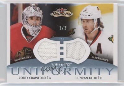 2013-14 Fleer Showcase White Hot Strap 2/2 Duncan Keith Corey Crawford HOF 7ez