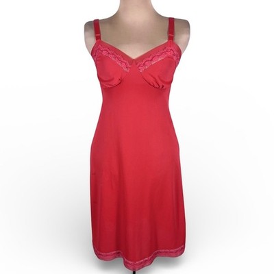 Lorrain Vtg Full Slip Dress Lace Trim Red Satin Perfect Fitting Sz 34 Boudoir