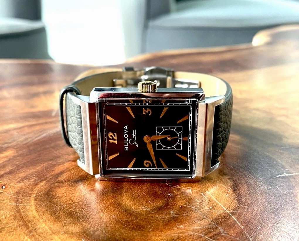 Bulova Frank Sinatra My Way Black Dial Gold Accented Rectangular Wrist Watch