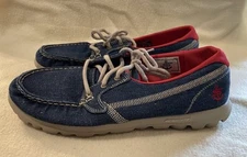 Skechers On The Go Goga Mat RED WHITE BLUE Denim Nautical Boat Deck Shoes 8.5